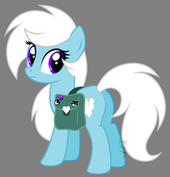 Size: 1636x1698 | Tagged: safe, artist:feather_bloom, oc, oc only, oc:feather bloom(fb), oc:feather_bloom, cat, pegasus, pony, bag, bisexual pride flag, butt, clothes, cutie mark on clothes, female, frown, full body, gray background, hooves, looking back, mare, pegasus oc, pins, plot, pride, pride flag, saddle bag, show accurate, signature, simple background, solo, standing, tail, white mane, white tail