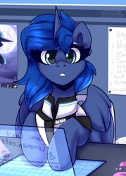 Size: 1000x1400 | Tagged: safe, artist:shadowreindeer, mare do well, princess luna, alicorn, pony, robot, robot pony, g4, computer, connor, connor luna, crossover, detroit: become human, female, looking at you, mare, poster, rk900, solo