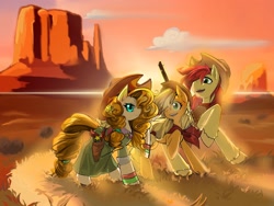 Size: 2048x1536 | Tagged: safe, artist:power of justice!sans, artist:third uncle, applejack, bright mac, pear butter, earth pony, pony, g4, bandana, bow, clothes, cowboy, cowboy hat, cowgirl, desert, dress, family photo, father and child, father and daughter, female, flower, flower in hair, gun, handgun, hat, husband and wife, looking at each other, looking at someone, male, mare, mother and child, mother and daughter, revolver, rifle, ship:brightbutter, shipping, stallion, straight, the apple family meets again, trio, weapon, wild west
