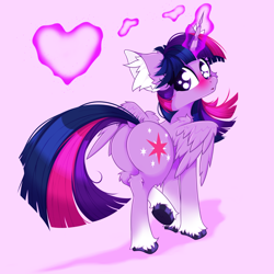 Size: 2500x2500 | Tagged: safe, artist:rurihal, twilight sparkle, alicorn, pony, g4, backwards cutie mark, blushing, butt, cheek fluff, coat markings, dock, ear fluff, glowing, glowing horn, heart, high res, horn, pink background, plot, simple background, socks (coat markings), solo, tail, twibutt, twilight sparkle (alicorn)