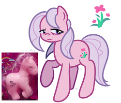 Size: 1200x1024 | Tagged: safe, artist:kukie, derpibooru exclusive, pony, bootleg, cutie mark, depressed, female, flower, looking away, pink body, poney a cojffer, poney à coiffer, purple eyes, raised hoof, show accurate, simple background, solo, tired eyes, toy, white background