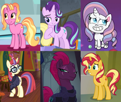 Size: 1905x1606 | Tagged: safe, edit, edited screencap, screencap, luster dawn, moondancer, potion nova, starlight glimmer, sunset shimmer, tempest shadow, pony, unicorn, equestria girls, equestria girls specials, g4, g4.5, horse play, my little pony equestria girls: better together, my little pony equestria girls: forgotten friendship, my little pony: pony life, my little pony: the movie, pony surfin' safari, the last problem, the point of no return, broken horn, clothes, cropped, female, glasses, horn, mare, scar, sparkle six, sweater
