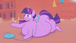 Size: 1920x1080 | Tagged: safe, artist:secretgoombaman12345, twilight sparkle, pony, unicorn, belly, big belly, butt, fat, female, glowing, glowing horn, golden oaks library, horn, huge belly, large butt, lying down, magic, mare, obese, open mouth, order, phone, plot, prone, telekinesis, twilard sparkle, twilight has a big ass, unicorn twilight, youtube link in the description