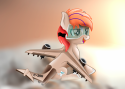 Size: 1262x901 | Tagged: safe, artist:seki_98, oc, oc only, oc:fededash, original species, plane pony, cloud, flying, happy, open mouth, open smile, plane, planeified, sitting, smiling, solo, species swap