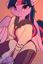 Size: 2000x3000 | Tagged: safe, artist:freeedon, twilight sparkle, alicorn, anthro, ear fluff, looking at you, simple background, twilight sparkle (alicorn)