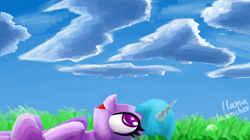 Size: 3860x2160 | Tagged: safe, artist:llamalauncher, izzy moonbow, pony, unicorn, g5, my little pony: a new generation, female, grass, high res, lying down, on back, solo