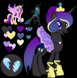 Size: 1078x1096 | Tagged: safe, artist:teonnakatztkgs, princess cadance, queen chrysalis, oc, alicorn, changeling, changeling queen, changepony, hybrid, pony, g4, alicorn oc, base used, concave belly, female, heart, heartbreak, heterochromia, hoof shoes, horn, interspecies offspring, magical lesbian spawn, offspring, parent:princess cadance, parent:queen chrysalis, parents:cadalis, slender, smiling, thin, wings