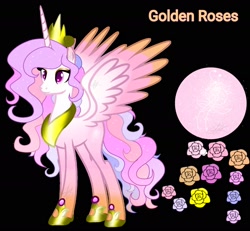 Size: 1536x1417 | Tagged: safe, artist:teonnakatztkgs, oc, oc only, alicorn, pony, alicorn oc, base used, black background, concave belly, female, flower, hoof shoes, horn, jewelry, mare, peytral, rose, simple background, slender, smiling, solo, thin, tiara, wings