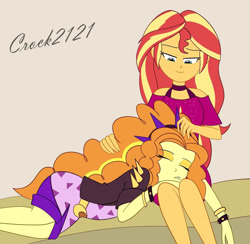 Size: 1280x1250 | Tagged: safe, artist:crock2121, adagio dazzle, sunset shimmer, equestria girls, equestria girls series, g4, spring breakdown, sunset's backstage pass!, spoiler:eqg series (season 2), clothes, cruise outfit, duo, duo female, female, lesbian, music festival outfit, ship:sunsagio, shipping, simple background, sleeping, spiked headband