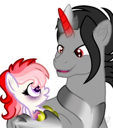 Size: 792x894 | Tagged: safe, artist:teonnakatztkgs, oc, oc only, pony, base used, bust, duo, eyelashes, father and child, father and daughter, female, filly, foal, hoof shoes, male, peytral, simple background, smiling, stallion, white background