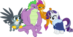 Size: 9017x4615 | Tagged: safe, artist:cloudy glow, artist:memnoch, edit, gabby, rarity, smolder, spike, dragon, griffon, pony, unicorn, dragon dropped, g4, the last problem, .ai available, absurd resolution, bags under eyes, bedroom eyes, clothes, cute, dragoness, eyeshadow, female, flying, fur coat, gabbybetes, gigachad spike, grey hair, harem, heart, makeup, male, mare, older, older rarity, older smolder, older spike, polyamory, robe, ship:spabby, ship:sparity, ship:spolder, shipping, simple background, sitting, skunk stripe, smiling, spike gets all the mares, straight, transparent background, trio, vector, winged spike, wings