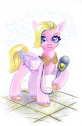 Size: 789x1200 | Tagged: safe, artist:maytee, dazzle feather, pegasus, pony, g5, my little pony: a new generation, cute, female, looking at you, mare, microphone, reporter, smiling, smiling at you, solo, traditional art, unshorn fetlocks, zbs