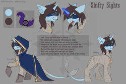 Size: 3588x2397 | Tagged: safe, artist:sinner_png, oc, oc only, oc:shifty sights, pony, unicorn, amulet, blindfold, bust, chaos, clothes, cowl, crossover, cultist, hidden cutie mark, high res, horn, information, jewelry, mutant, portrait, reference sheet, robes, solo, tzeentch, unicorn oc, warhammer (game), warhammer 40k, wrapping