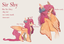 Size: 1280x875 | Tagged: safe, artist:2chocolatecookie2, fluttershy, pegasus, pony, g4, alternate design, blank flank, blushing, female, flower, flower in hair, hiding behind wing, kinsona, leg fluff, mare, missing cutie mark, pronouns, simple background, smiling, solo, tail, tail feathers, white background, wings