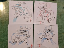 Size: 2048x1536 | Tagged: safe, artist:paipaishuaige, oc, oc only, earth pony, pegasus, unicorn, bag, bow, cape, clothes, eyes closed, flag, flying, grin, hat, looking at you, photo, saddle bag, sketch, smiling, spread wings, sun hat, traditional art, wings, witch hat