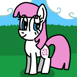 Size: 768x768 | Tagged: safe, artist:danielthebrony57, sundance, earth pony, pony, g1, g4, blue eyes, cloud, cloudy, cute, eye clipping through hair, female, full body, g1 to g4, generation leap, hooves, land, mare, outdoors, pink mane, pink tail, ponyland, shadow, smiling, solo, standing, sundawwnce, tail