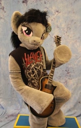 Size: 817x1280 | Tagged: safe, artist:atalonthedeer, octavia melody, earth pony, human, pony, anthro, g4, 2015, arm hooves, bedroom eyes, clothes, cosplay, costume, electric guitar, female, fursuit, guitar, hooves, irl, irl human, les paul, looking at you, musical instrument, photo, ponysuit, pose, shirt, slayer, smiling, solo, t-shirt, thrash metal