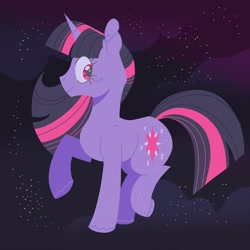 Size: 2048x2048 | Tagged: safe, artist:pastacrylic, twilight sparkle, pony, unicorn, g4, cloud, cute, female, high res, mare, night, raised hoof, raised leg, solo, stars, twiabetes, unicorn twilight