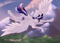 Size: 1280x906 | Tagged: safe, artist:nuumia, oc, oc:dusk bolt, alicorn, pony, flying, not twilight sparkle, solo