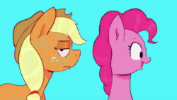Size: 1280x720 | Tagged: safe, artist:another_pony, applejack, pinkie pie, earth pony, pony, g4, animated, applejack is not amused, cute, diapinkes, duo, happy, happy h. christmas, lidded eyes, looking at you, pinkie being pinkie, ponk, smiling, sound, spinning, unamused, varying degrees of amusement, webm