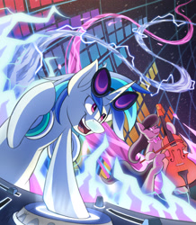 Size: 3991x4582 | Tagged: safe, artist:kaylerustone, dj pon-3, octavia melody, vinyl scratch, earth pony, pony, unicorn, g4, abstract background, cello, duo, female, glasses, looking down, looking right, mare, musical instrument, open mouth, open smile, smiling