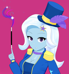 Size: 1799x1927 | Tagged: safe, alternate version, artist:toffrox, trixie, equestria girls, g4, street magic with trixie, spoiler:eqg series (season 2), cropped, feather, female, hat, looking at you, magic, magic wand, smiling, solo, top hat