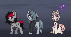 Size: 1252x663 | Tagged: safe, artist:lazerblues, marble pie, oc, oc:band aid, oc:miss eri, butterfly, earth pony, pony, unicorn, g4, black and red mane, choker, clothes, collar, corset, curved horn, frown, hoodie, horn, lonely inky, smiling, two toned mane, unamused