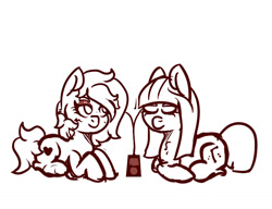 Size: 1300x1000 | Tagged: safe, artist:lazerblues, oc, oc only, oc:cosmia nebula, oc:miss eri, earth pony, pony, chillaxing, earbuds, eyes closed, ipod, mp3 player, relaxing, sharing headphones, sketch