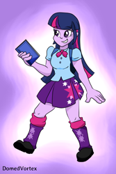 Size: 500x750 | Tagged: safe, artist:domedvortex, twilight sparkle, equestria girls, g4, book, digital art, female, gradient background, purple background, requested art, signature, simple background, smiling, solo