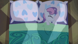 Size: 500x282 | Tagged: safe, screencap, sweetie belle, pony, unicorn, for whom the sweetie belle toils, g4, animated, bed, eyes closed, female, filly, foal, gif, overhead view, perfect loop, sleeping, solo, tossing and turning