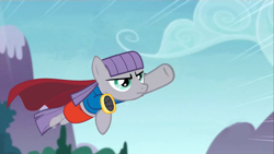 Size: 1000x563 | Tagged: safe, artist:dragunique, edit, edited screencap, screencap, maud pie, earth pony, pony, g4, maud pie (episode), cape, clothes, female, flying, mare, solo, supergirl, superhero