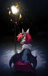 Size: 1293x2048 | Tagged: safe, artist:swaybat, oc, oc only, bat pony, pony, bat pony oc, blood, clothes, ear piercing, earring, jewelry, looking at you, looking back, looking back at you, piercing, scarf, snow, solo