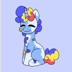 Size: 770x769 | Tagged: safe, artist:bluemoon, oc, oc:gumdrop surprise, pony, unicorn, animated, colt, commission, eyes closed, foal, male, solo, sticker, three toned mane, three toned tail, ych result