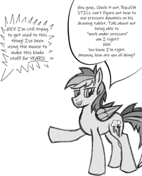 Size: 612x759 | Tagged: safe, artist:vareb, rainbow dash, pegasus, pony, g4, dialogue, looking at you, pointing, pun, sketch, smiling, smug, smugdash, solo, talking to viewer, text