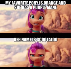 Size: 715x695 | Tagged: safe, edit, edited screencap, screencap, sunny starscout, earth pony, pony, g5, my little pony: a new generation, spoiler:my little pony: a new generation, caption, female, image macro, implied scootaloo, mare, meme, sunny starscout is not amused, text