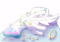 Size: 8598x6071 | Tagged: safe, artist:wirlog, princess celestia, alicorn, pony, g4, absurd resolution, bed, butt, cute, cutelestia, dock, eyes closed, female, lying down, majestic as fuck, mare, on side, pillow, plot, sillestia, silly, silly pony, simple background, sleeping, solo, sunbutt, tail, tongue out, white background