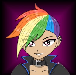 Size: 1539x1521 | Tagged: safe, artist:banquo0, rainbow dash, human, g4, bust, choker, clothes, ear piercing, earring, eye clipping through hair, humanized, jewelry, piercing, solo