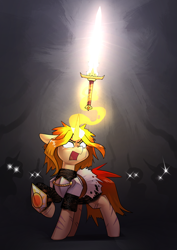 Size: 2480x3508 | Tagged: safe, artist:underpable, oc, oc:scorching storm, pony, unicorn, armor, clothes, commission, fantasy class, glowing, glowing eyes, high res, knight, magic, open mouth, paladin, scar, shadows, shield, silhouette, solo focus, sword, telekinesis, warrior, weapon, white eyes