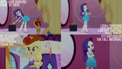 Size: 1280x720 | Tagged: safe, edit, edited screencap, editor:quoterific, screencap, applejack, rarity, equestria girls, g4, make up shake up, my little pony equestria girls: summertime shorts, apple, bare shoulders, boots, bracelet, cowboy hat, crossed arms, darling, duo, duo female, eyes closed, fall formal outfits, female, food, hat, jewelry, open mouth, shoes, sleeveless, strapless
