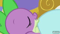 Size: 640x360 | Tagged: safe, screencap, discord, spike, draconequus, dragon, g4, make new friends but keep discord, season 5, animated, bed, blanket, duo, eyes closed, gif, gifs.com, male, open mouth, open smile, sleeping, smiling, twilight's castle