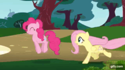 Size: 640x360 | Tagged: safe, screencap, fluttershy, pinkie pie, earth pony, pegasus, pony, dragonshy, g4, season 1, ^^, animated, cute, diapinkes, duo, eyes closed, female, gif, gifs.com, jumping, mare, open mouth, open smile, running, smiling, tree