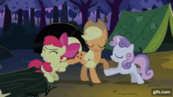 Size: 640x360 | Tagged: safe, screencap, apple bloom, applejack, sweetie belle, earth pony, pony, unicorn, g4, season 2, sisterhooves social, animated, apple bloom's bow, applejack's hat, bow, cowboy hat, eyes closed, female, filly, foal, gif, gifs.com, hair bow, hat, mare, night, open mouth, smiling, tent, tree