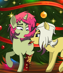 Size: 2227x2593 | Tagged: safe, artist:qnighter, oc, oc:azha magna, oc:spicy flavor, earth pony, pony, unicorn, christmas, christmas tree, clothes, cutie mark, high res, holiday, licking, lights, open mouth, socks, surprised, tongue out, tree, wooden floor