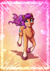 Size: 3508x4961 | Tagged: safe, artist:lupiarts, sunny starscout, earth pony, pony, g5, my little pony: a new generation, chest fluff, coat markings, cute, digital art, drawing, ear fluff, eyebrows, eyelashes, female, galloping, grin, happy, illustration, looking at you, mare, poster, smiling, smiling at you, socks (coat markings), solo, sunnybetes, unshorn fetlocks