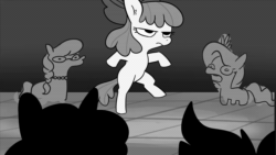 Size: 1280x720 | Tagged: safe, artist:tjpones, apple bloom, diamond tiara, silver spoon, earth pony, pony, g4, animated, bipedal, black and white, dancing, female, filly, foal, grayscale, implied scootaloo, implied sweetie belle, monochrome, silhouette, sound, webm