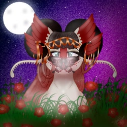 Size: 1500x1500 | Tagged: safe, artist:teonnakatztkgs, oc, oc only, butterfly, pony, bust, commission, female, flower, full moon, glasses, mare, moon, night, outdoors, rose, ych result