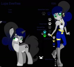 Size: 1988x1800 | Tagged: safe, artist:teonnakatztkgs, oc, oc only, unicorn, equestria girls, g4, black background, boots, equestria girls-ified, female, grin, horn, paw prints, reference sheet, shoes, simple background, smiling, unicorn oc