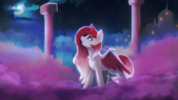 Size: 3840x2160 | Tagged: safe, artist:hierozaki, oc, oc only, oc:making amends, pegasus, pony, chest fluff, cloud, cloudsdale, full moon, high res, moon, night, solo, spread wings, wings