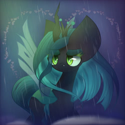 Size: 2200x2200 | Tagged: source needed, safe, artist:miryelis, queen chrysalis, changeling, pony, g4, crown, cute, cutealis, hair, heart, high res, jewelry, looking at something, rain, regalia, sad, sadorable, simple background, smiling, solo, standing, wings