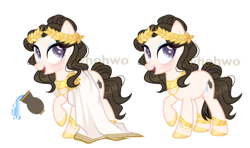 Size: 1280x760 | Tagged: safe, artist:whohwo, oc, oc only, earth pony, pony, base used, clothes, duo, earth pony oc, female, laurel wreath, mare, robes, simple background, smiling, transparent background